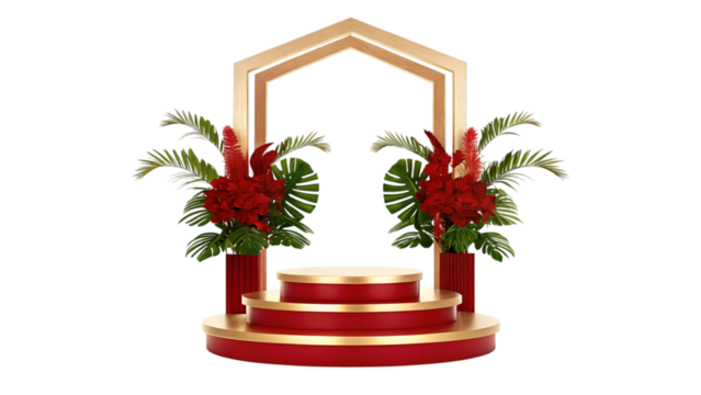 Elegant red and gold podium with floral decorations isolated on transparent background