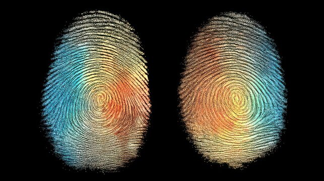 Two colorful fingerprint patterns on a black background, unique swirls and lines, representing identity and individuality, ai tech merged background