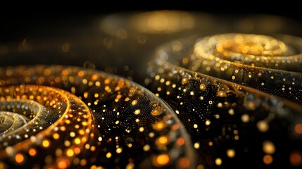 Fototapeta premium A mesmerizing abstract design featuring swirling patterns of golden and black dots, an ethereal, glowing effect, ai tech merged background