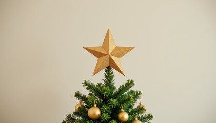 Green pine Christmas tree top decorated with a shimmering gold star topper and shiny gold ornaments