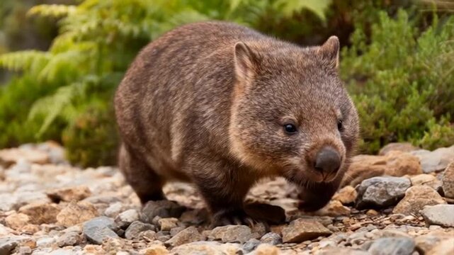 A juvenile wombat navigates rocky terrain amid vibrant greenery, perfect for wildlife conservation day