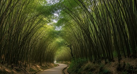 Naklejka premium Serene bamboo forest pathway with lush green canopy in arashiyama, kyoto