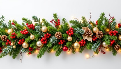 Evergreen festive garland with golden ornaments red berries pinecones and glowing lights on white