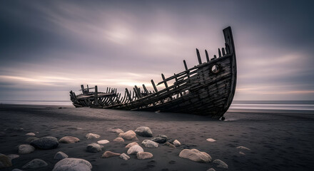 Abandoned Wooden Shipwreck on Seashore