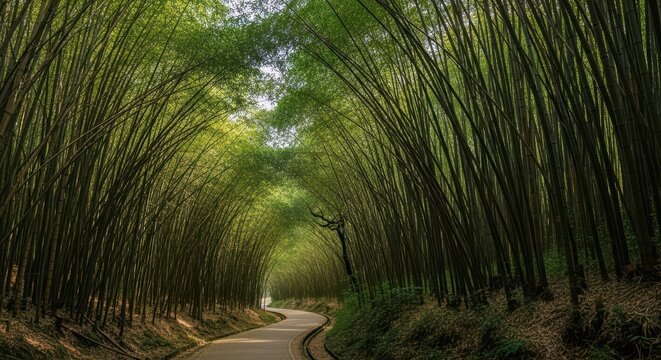 Serene bamboo forest pathway with lush green canopy in arashiyama, kyoto