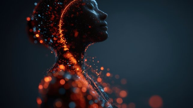 A digital silhouette of a person is composed of vibrant, glowing particles, a mesmerizing effect against a dark background, ai tech merged background - Powered by Adobe