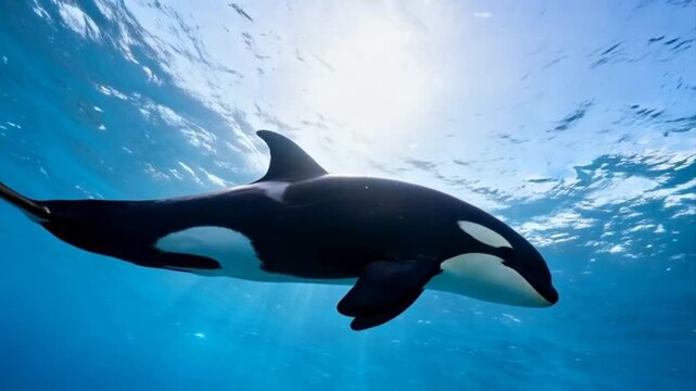 An orca glides smoothly through clear blue waters, bathed in sunlight, showcasing its graceful movements and the splendor of ocean life, perfect for wildlife conservation day