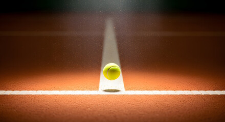 Tennis Ball on White Line of Clay Court