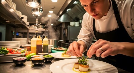 Professional Chef Plating Food in Restaurant Kitchen