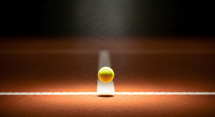 Tennis Ball Balancing on White Line of Clay Court