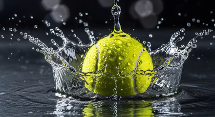 Tennis Ball Splashing into Water with Droplets