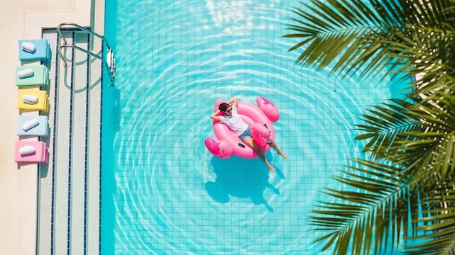 Aerial view of person relaxing on pink flamingo float in clear blue swimming pool with palm
