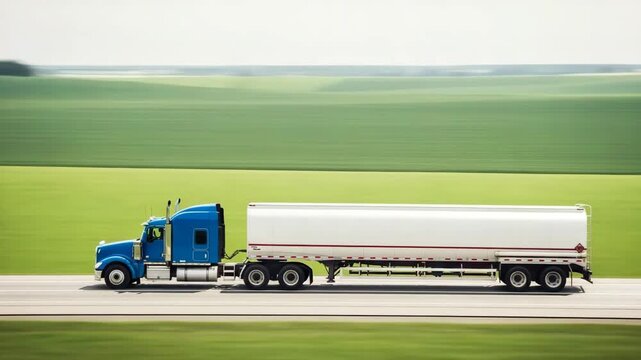 Blue semi truck hauling white tanker trailer driving on highway through green agricultural fields