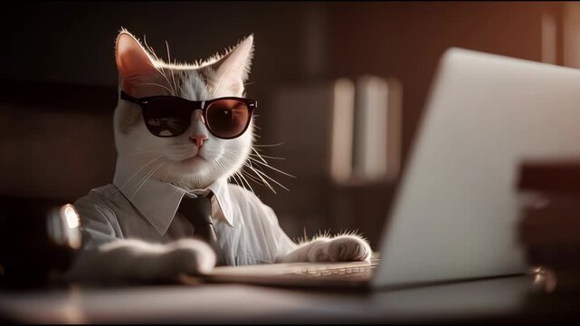 cat wearing sunglasses working on a laptop in a business suit