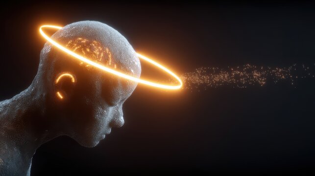 A futuristic, digital representation of a human head with a glowing halo, thought and creativity against a dark background, ai tech merged background