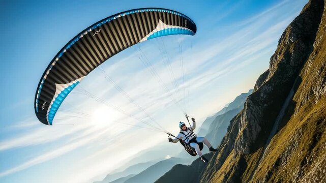 Paraglider soaring over majestic mountain landscape clear blue sky sunny day extreme sport