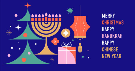 Abstract geometric Happy Holidays greeting for Christmas, Hanukkah and Chinese New Year