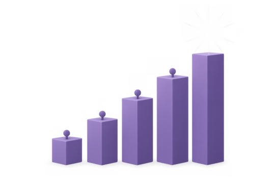 Purple bar chart candles showing growth and development with a sparkling star achieving success and goals