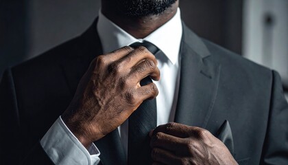 Close up of a Black Man in a Dark Suit Adjusting His Black Tie with White Shirt and Pocket Square Professional Attire Dressing Up Formal Event Preparation