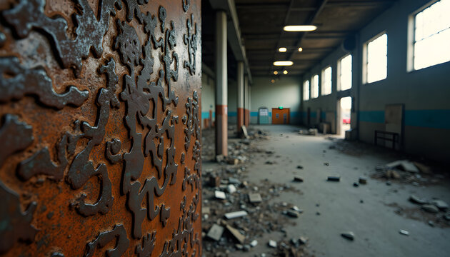 Distressed industrial interior with textured metal wall, perfect for urban decay themes and unique architectural backdrops in gritty, authentic settings