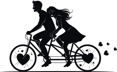 Obraz premium Silhouette of a couple riding a tandem bicycle with hearts, couple, silhouette, tandem bicycle, bike, cycling, romance, love, hearts, happy, together, relationship, recreation, sport, activity, outdoo