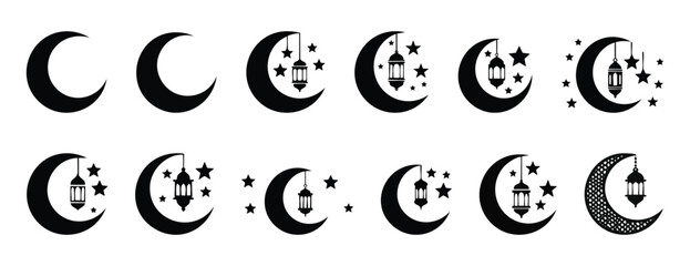 Ramadan Kareem Islamic Crescent moon with  hanging arabic lantern elements black clipart silhouette vector illustration © InkSplash