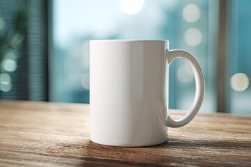 Fototapeta premium Blank white mug on a wooden table, city view background