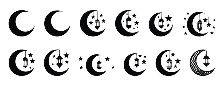 Ramadan Kareem Islamic Crescent moon with  hanging arabic lantern elements black clipart silhouette vector illustration