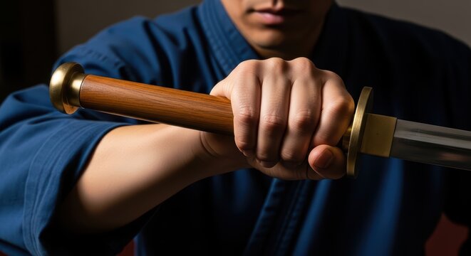 Male asian adult holding katana sword with strong grip in blue robe