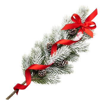 Snowcovered fir branch with pinecones and a festive red ribbon bow.