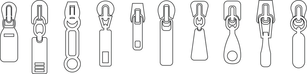 Zipper Icon Set, Fastener, Slider, and Zip Symbol Collection and Group, Clothing, Bag, and Textile Accessory Vector Fashion Tool, Sewing, Tailoring, Lock, and Stitch Design in Black Line Style