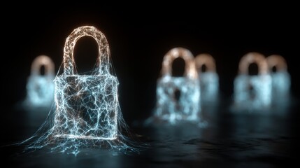 A digital representation of glowing, interconnected locks security and connectivity in a futuristic setting, ai tech merged background