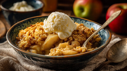 rustic apple crumble with cream in cozy home setting