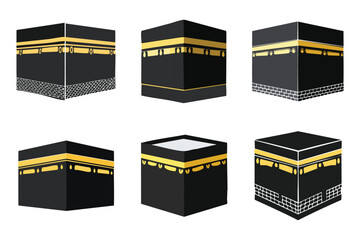 Sacred Structure Illustrations: Various perspectives of the Kaaba, Mecca the most sacred site in Islam, showcasing the intricate details of its architecture and religious significance.