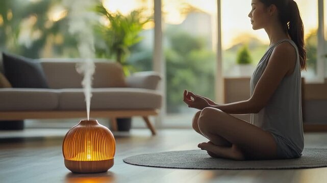 Serene woman meditates with aroma diffuser emitting mist during sunset