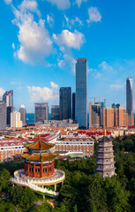 Zhanshan Temple and Central Business District Urban Environment in Qingdao, China