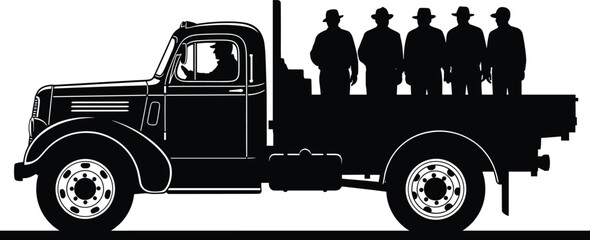 Silhouette of men in hats riding in a flatbed truck, truck, flatbed, men, silhouette, driver, passengers, hats, vintage, retro, transportation, cargo, people, group, journey, travel, old, vehicle, cla