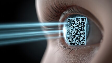 A futuristic depiction of an eye with a QR code, technology and digital interaction, ai tech merged background