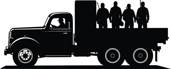 Silhouette of men with rifles in a flatbed truck vector, truck, flatbed, men, silhouette, driver, passengers, rifles, guns, vintage, retro, transportation, cargo, people, group, journey, travel, old, 