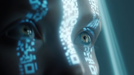 A futuristic depiction of a face with digital elements, QR codes and glowing patterns around the eyes, technology and innovation, ai tech merged background