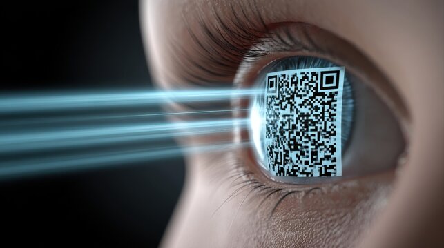A futuristic depiction of an eye with a QR code, technology and digital interaction, ai tech merged background