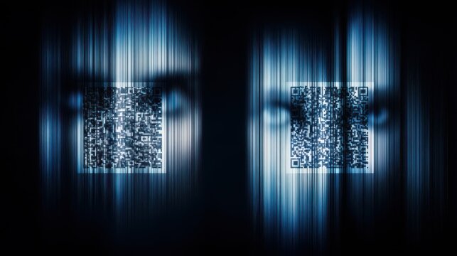 Abstract image featuring two QR codes with a backdrop of blue vertical lines, a mysterious and tech-inspired atmosphere, ai tech merged background