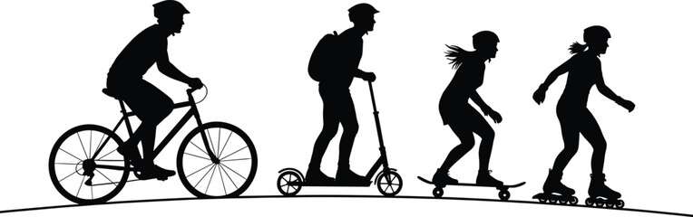 Silhouettes of people engaged in various outdoor sports people, silhouette, sports, health, design, summer, concept, lifestyle, group, bike, cycling, urban, roller, sport, recreational, fun, leisure, 
