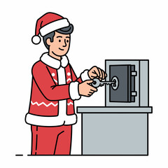 Illustration man in Santa suit unlocking safe with a key