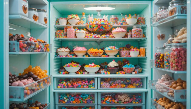 Colorful, delicious sweets and fresh fruit display in a market shop window