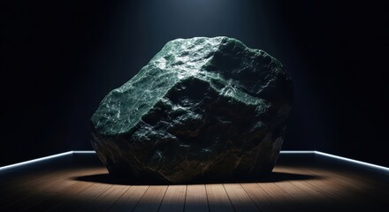 Glowing green emerald rock on wooden floor in dark room