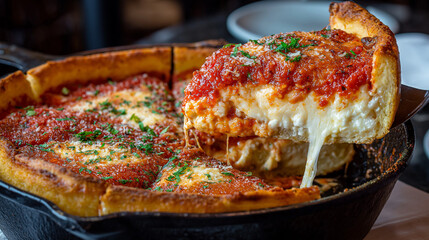 deep-dish chicago-style pizza slice lifted from the pan