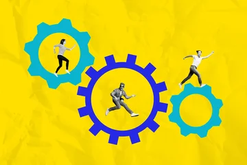 Fotobehang Muziek Zine full poster banner collage of three happy business partners girls guys run gearwheel optimization aim achievement progress  © deagreez