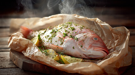 whole fish snapper en papillote with steam escaping