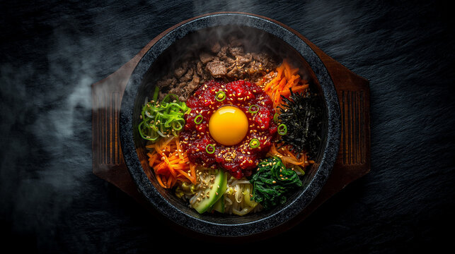 spicy korean bibimbap in hot stone bowl with steam overhead